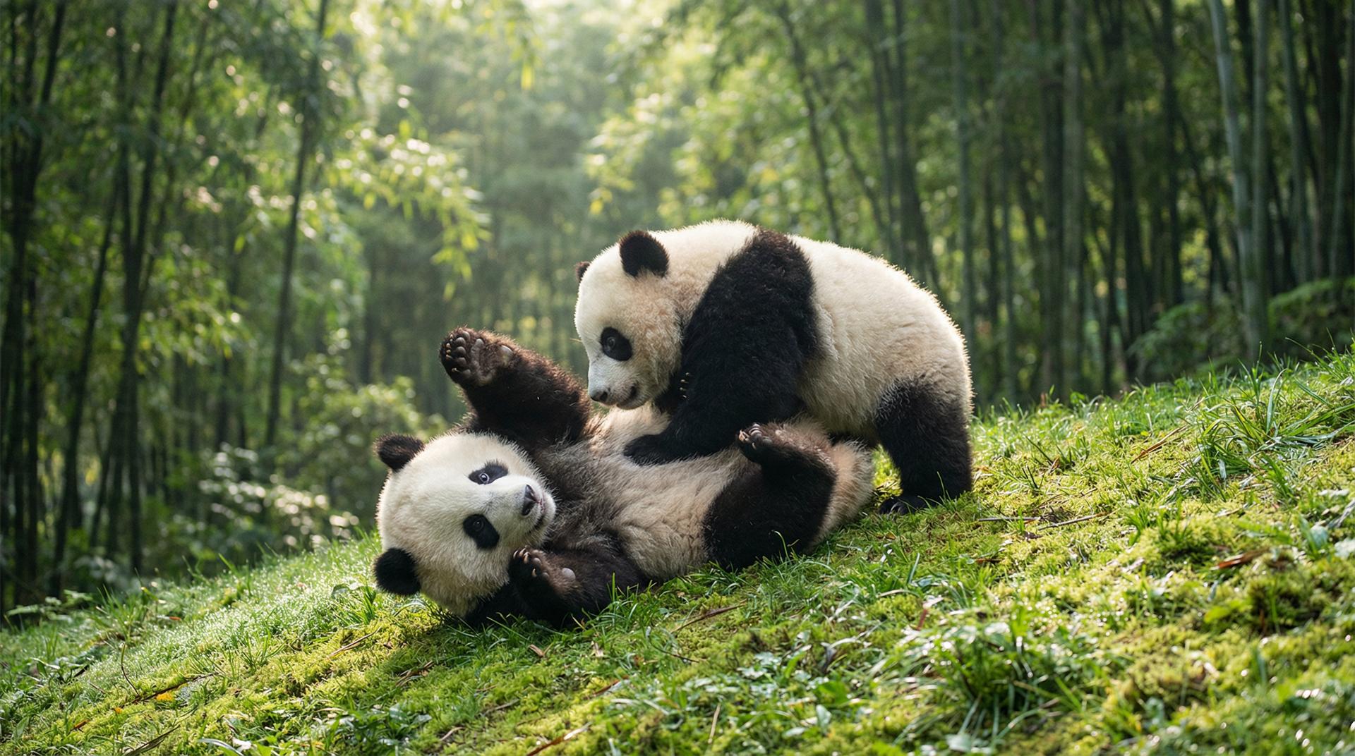 福建兄妹熊猫嬉戏视频